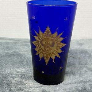 Vtg Culver Libbey Cobalt Blue Celestial 22K Gold Sun Moon & Stars 6” T Glass